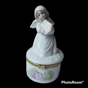 Angel Porcelain Trinket Box Harp Floral Vintage Gold Tone Trim Clasp Ring Box